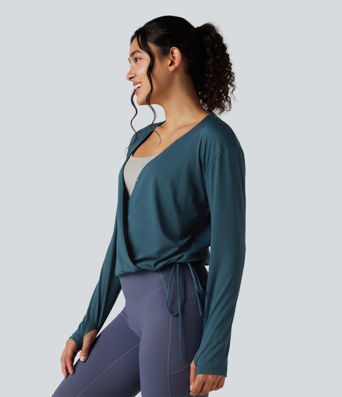 Deep V-neck Long Sleeve Thumb Holes Drawstring Hem Yoga Sports Top