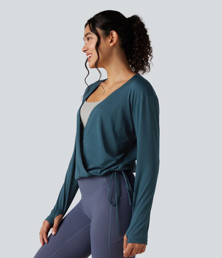 Deep V-neck Long Sleeve Thumb Holes Drawstring Hem Yoga Sports Top