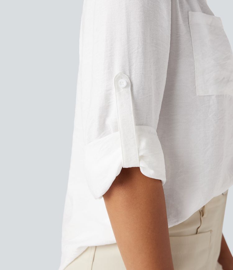 V-neck Roll Up Sleeve Curved Hem Work Blouse with Pockets