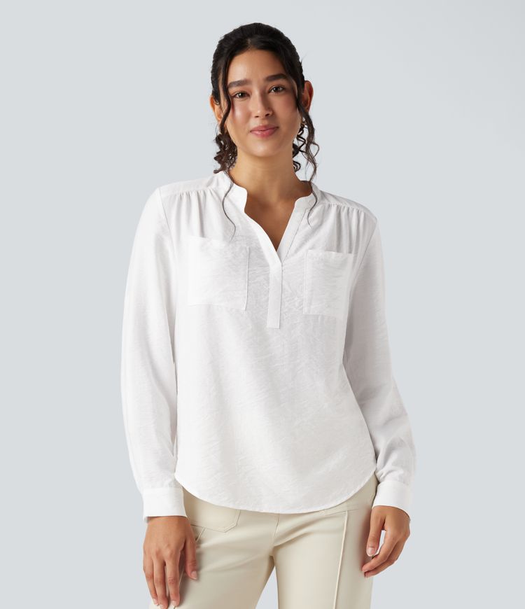 V-neck Roll Up Sleeve Curved Hem Work Blouse with Pockets