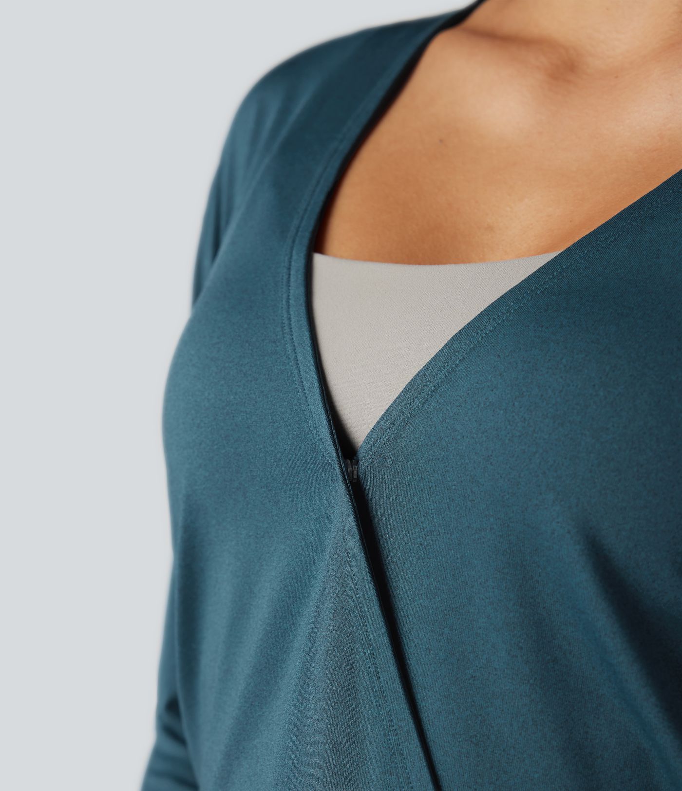 Deep V-neck Long Sleeve Thumb Holes Drawstring Hem Yoga Sports Top