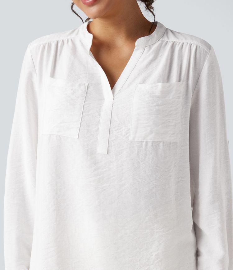 V-neck Roll Up Sleeve Curved Hem Work Blouse with Pockets