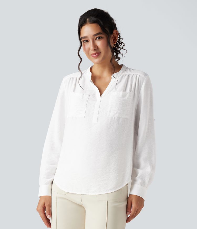 V-neck Roll Up Sleeve Curved Hem Work Blouse with Pockets