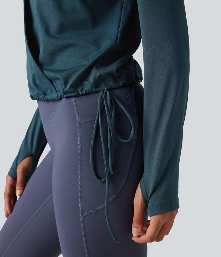 Deep V-neck Long Sleeve Thumb Holes Drawstring Hem Yoga Sports Top