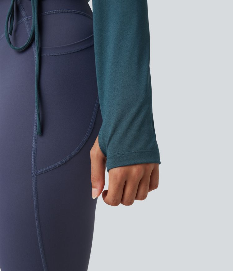 Deep V-neck Long Sleeve Thumb Holes Drawstring Hem Yoga Sports Top