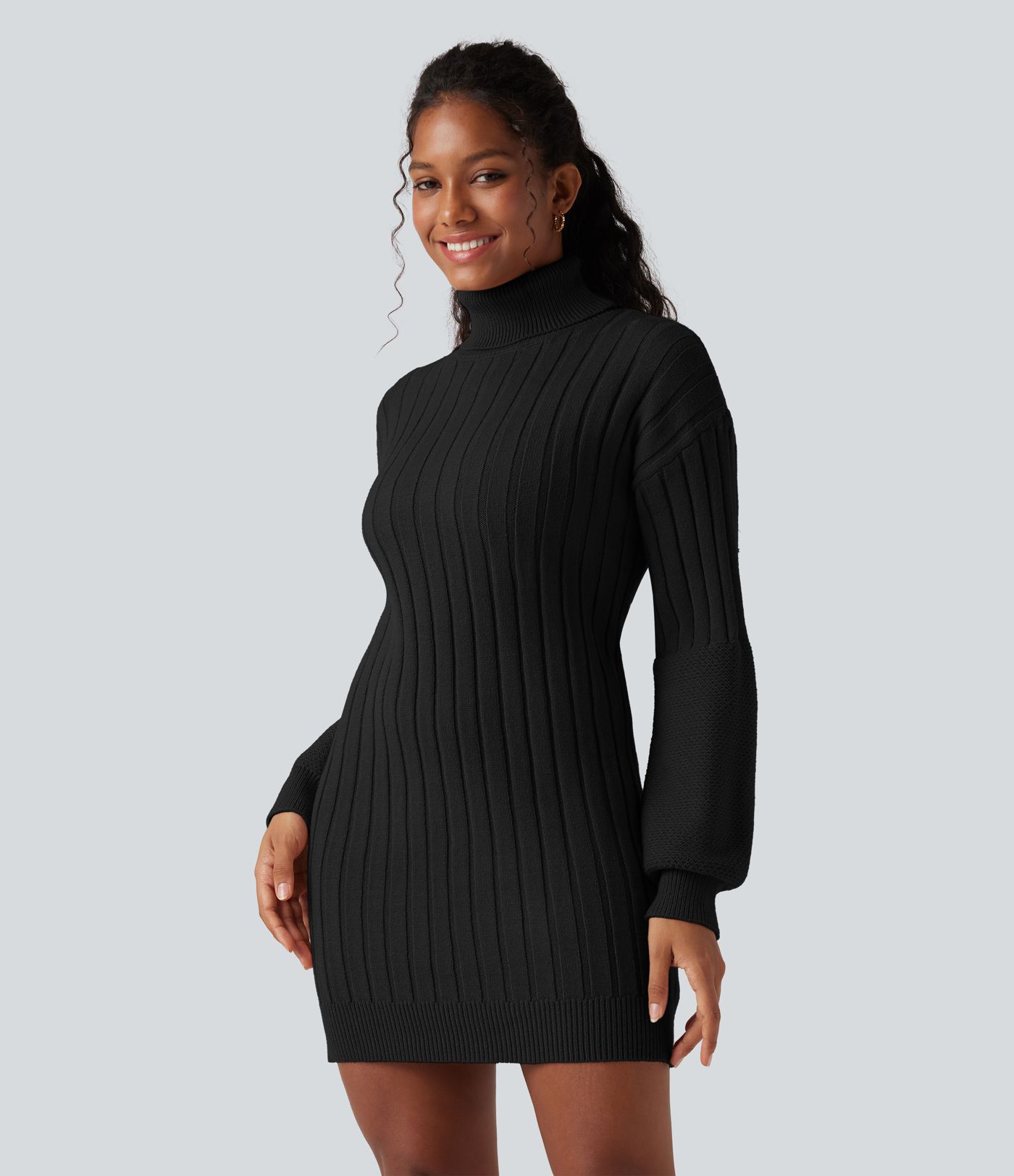 High-neck Long Sleeve Bodycon Mini Work Sweater Dress