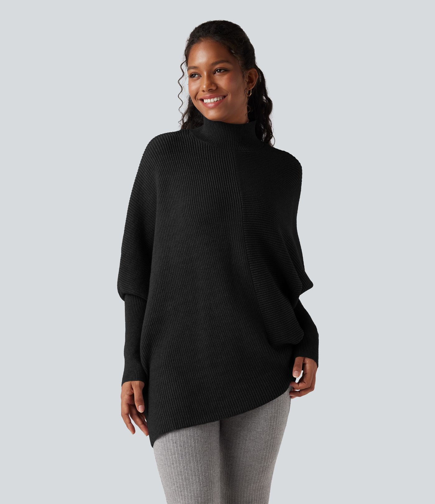 High Neck Batwing Long Sleeve Asymmetric Hem Work Sweater