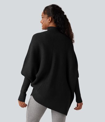 High Neck Batwing Long Sleeve Asymmetric Hem Work Sweater