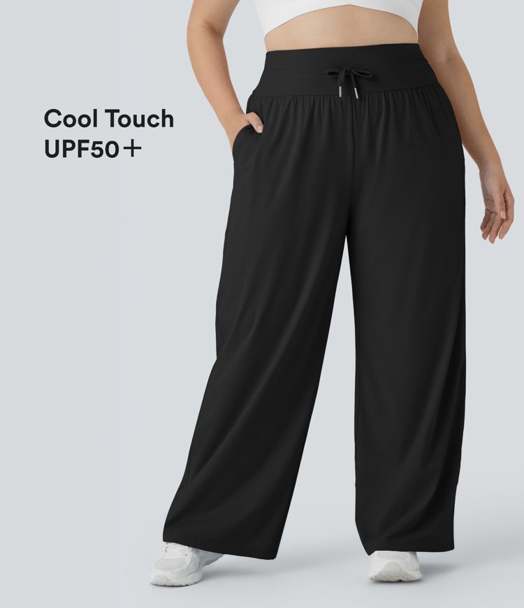 High Waisted Drawstring Pocket Wide Leg Cool Touch Casual Plus Size Pants-UPF50+