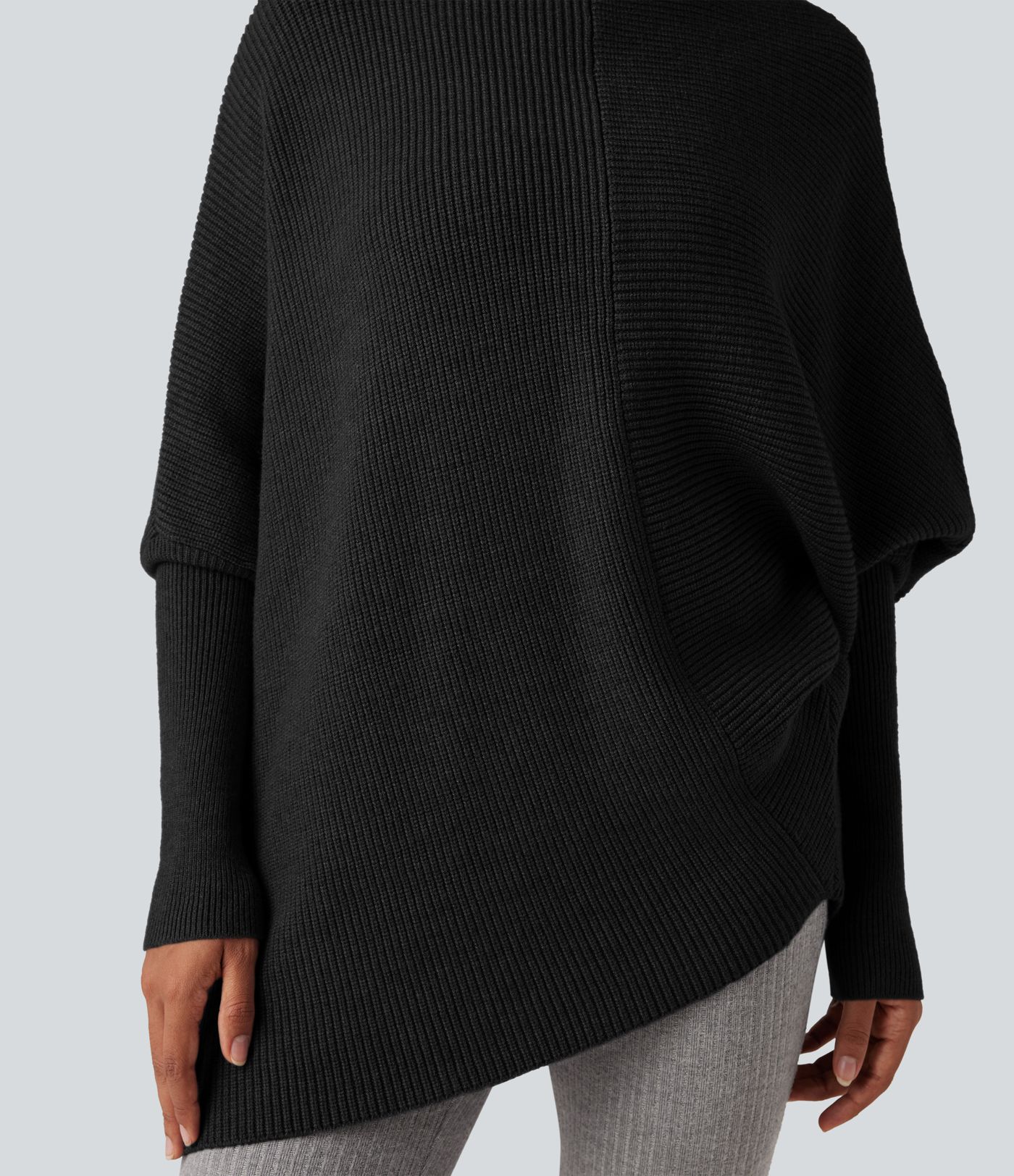 High Neck Batwing Long Sleeve Asymmetric Hem Work Sweater