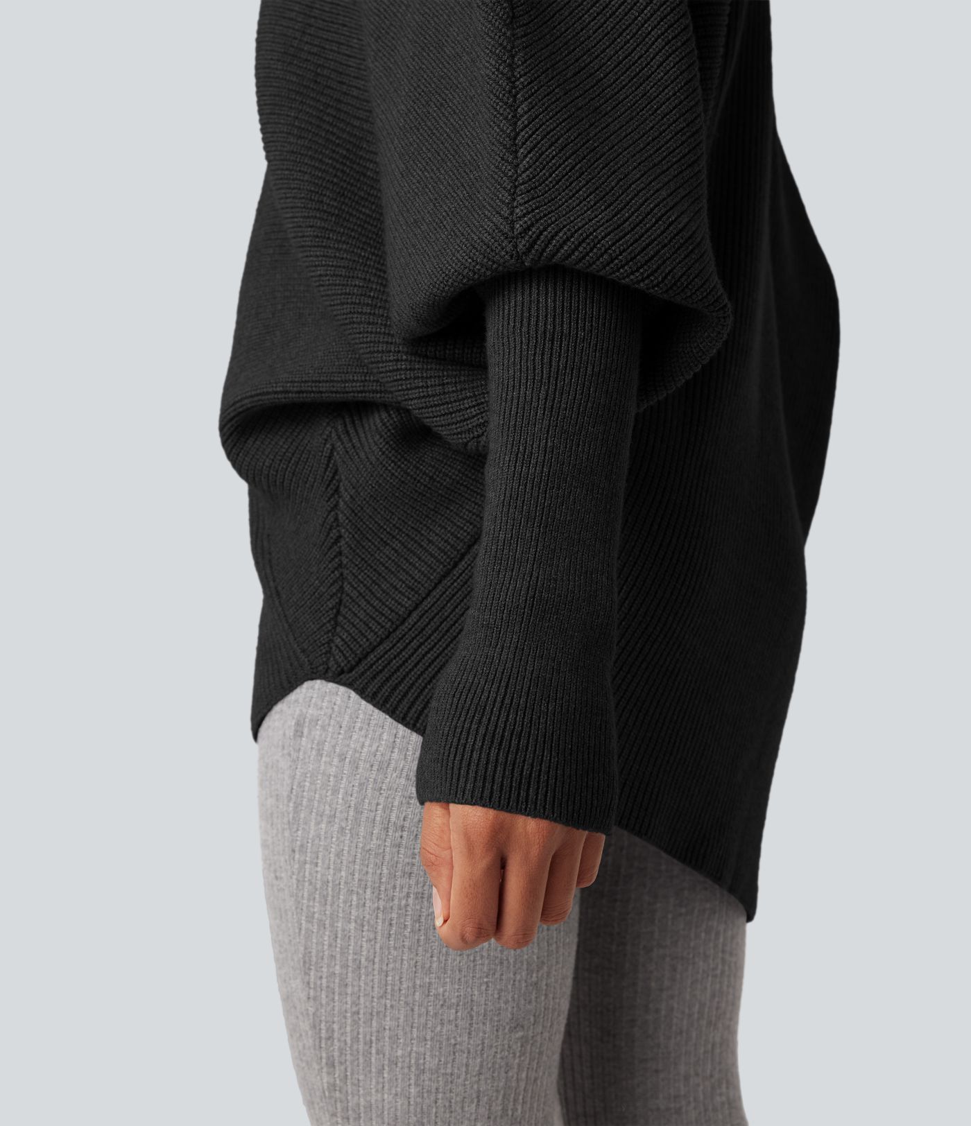 High Neck Batwing Long Sleeve Asymmetric Hem Work Sweater