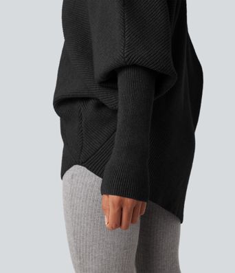 High Neck Batwing Long Sleeve Asymmetric Hem Work Sweater