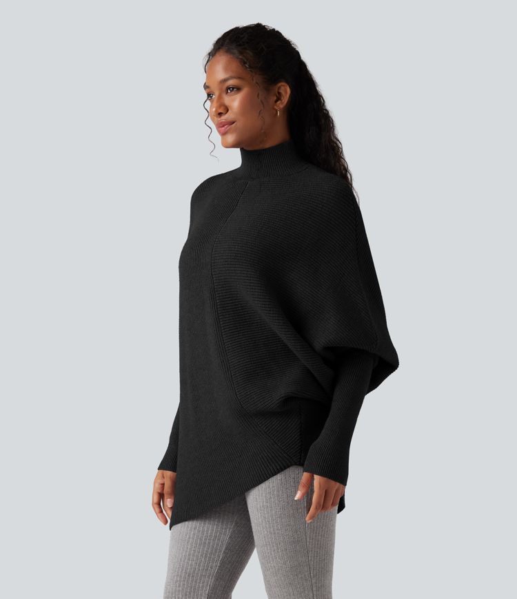 High Neck Batwing Long Sleeve Asymmetric Hem Work Sweater