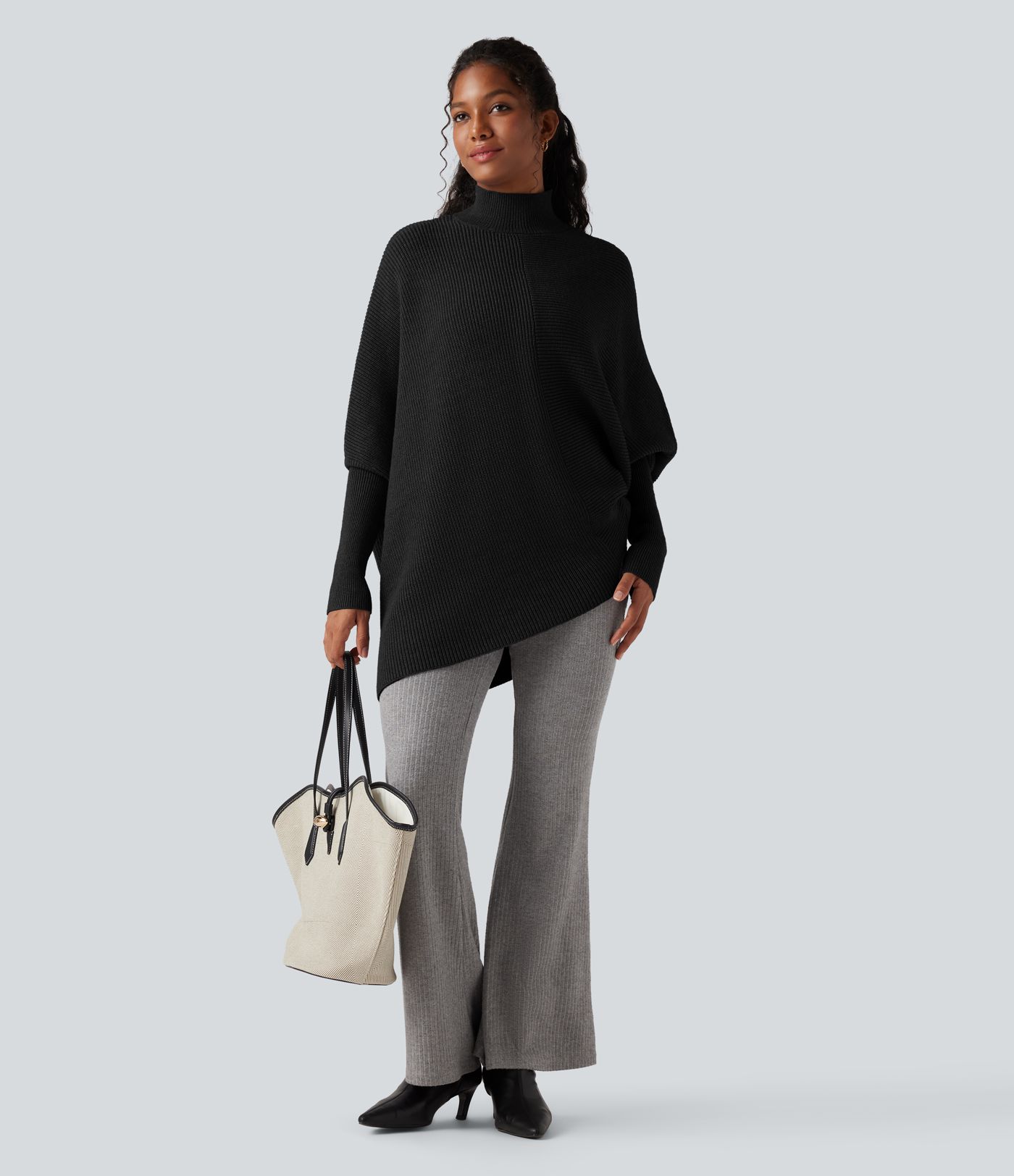 High Neck Batwing Long Sleeve Asymmetric Hem Work Sweater