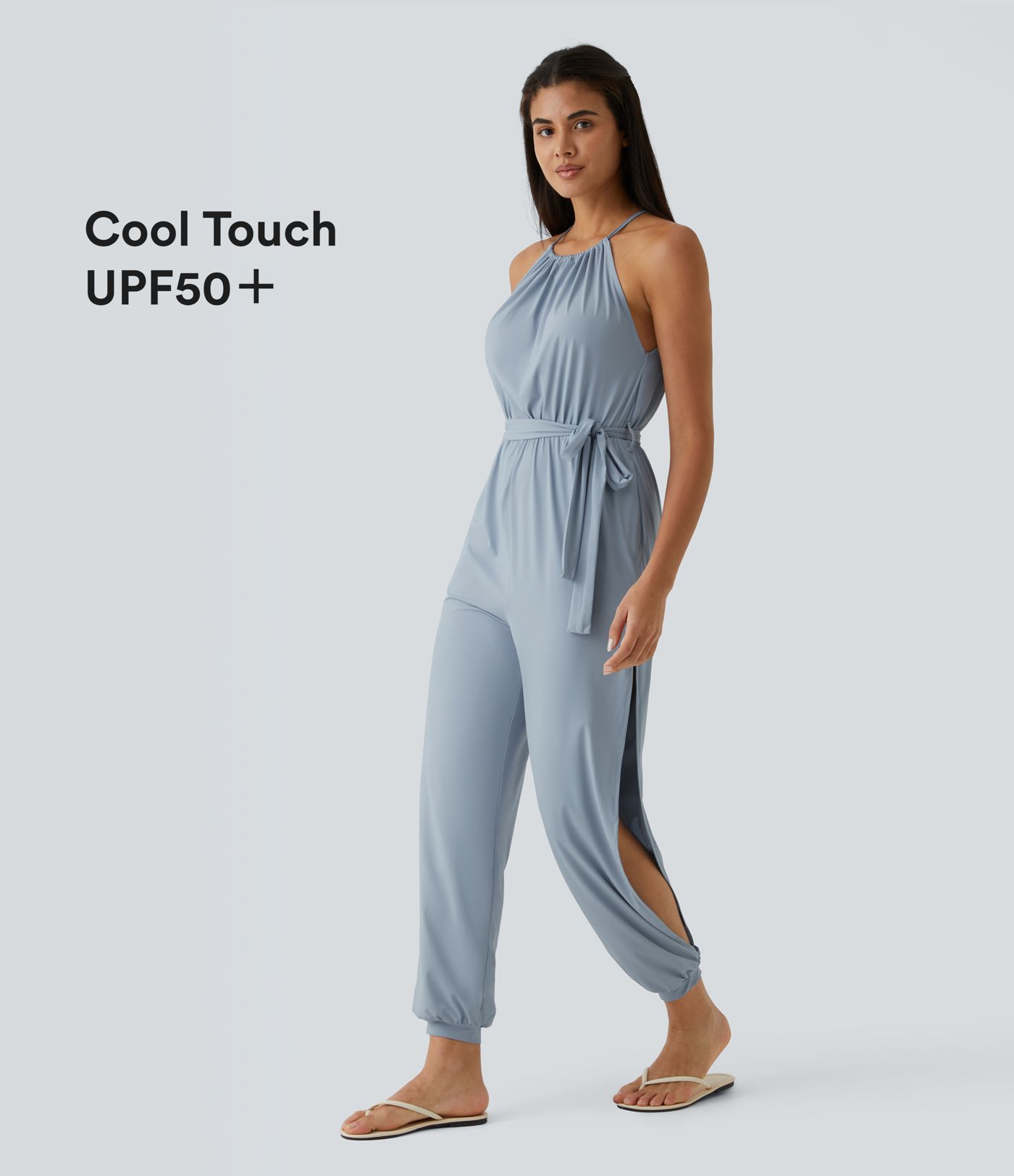 Sleeveless Tie Back Belted Pocket Cut Out Cool Touch Jumpsuit-UPF50+