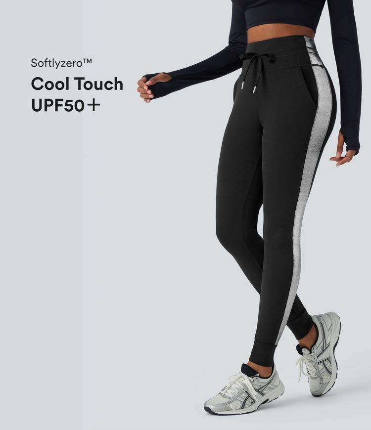 SoftlyZero™ Airy High Waisted Drawstring Pocket Color Block Full Length Cool Touch Yoga Joggers-UPF50+