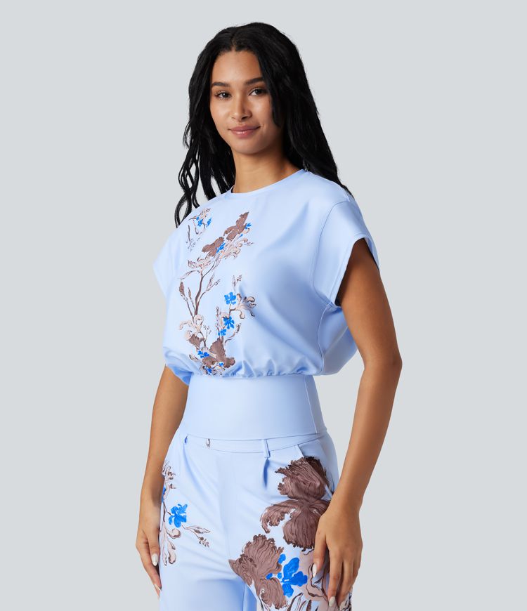  Halara X Yukiko Round Neck Short Batwing Sleeve Casual Top