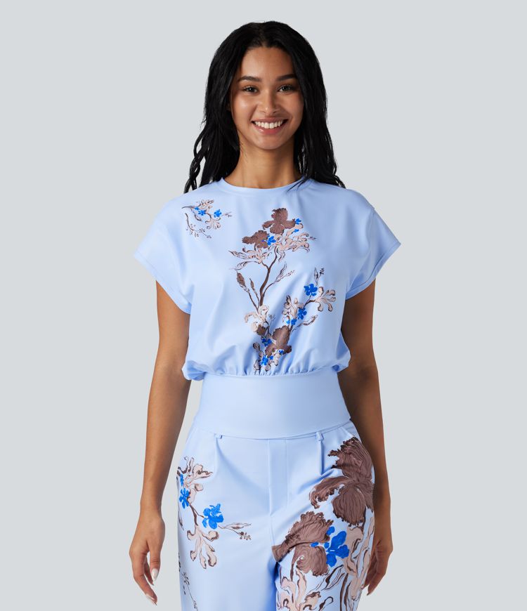  Halara X Yukiko Round Neck Short Batwing Sleeve Casual Top