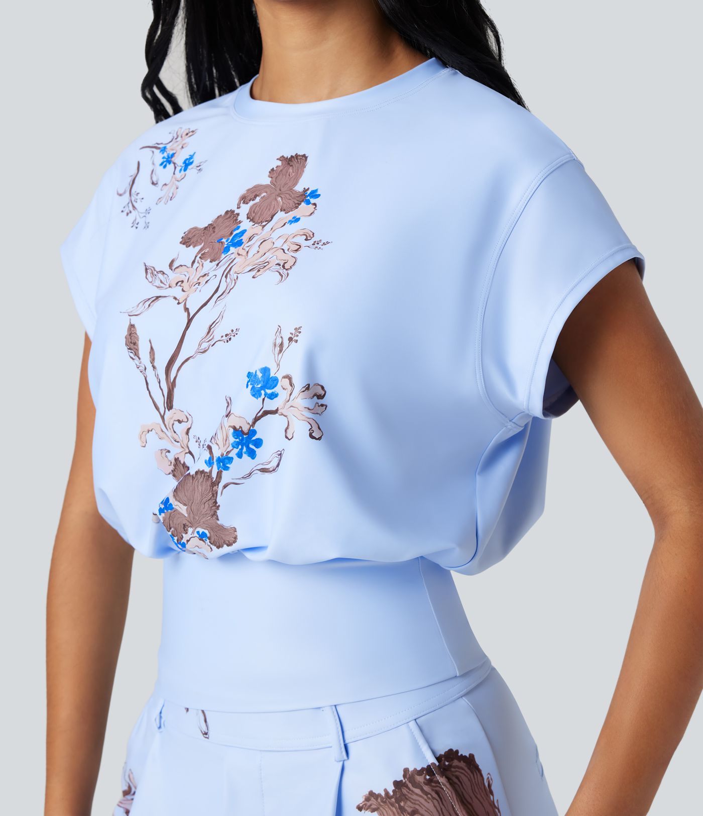  Halara X Yukiko Round Neck Short Batwing Sleeve Casual Top