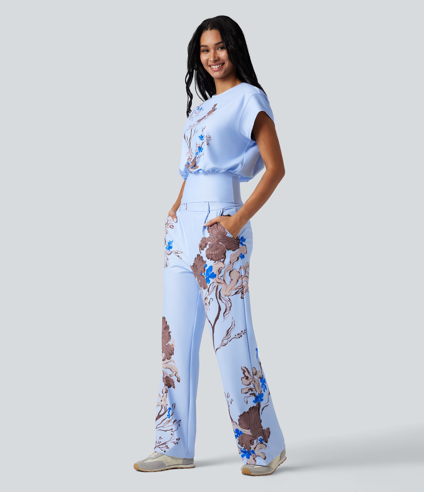  Halara X Yukiko Round Neck Short Batwing Sleeve Casual Top