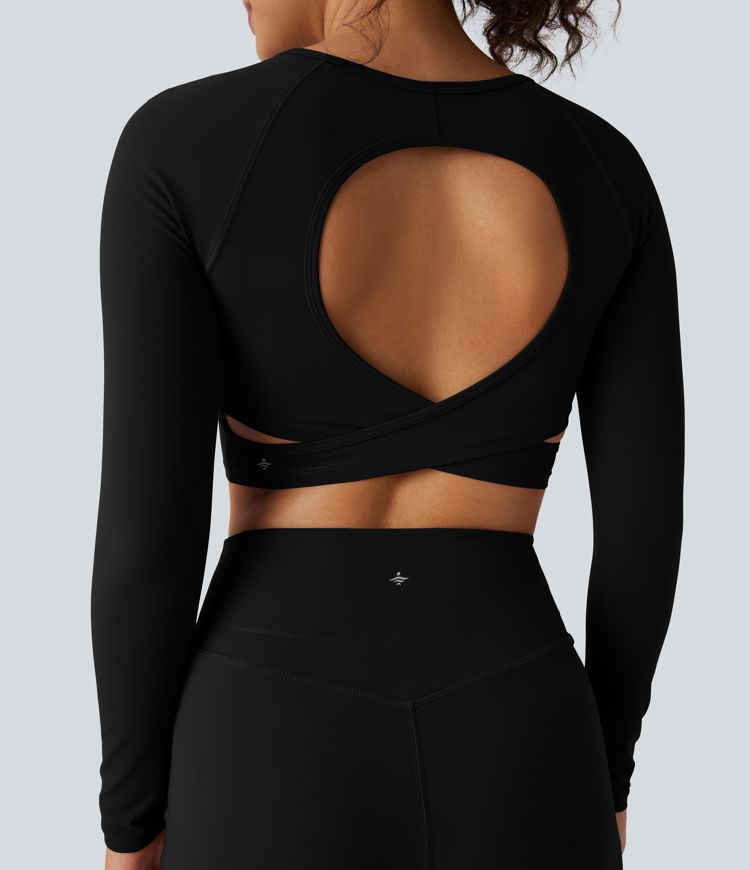 Halara UltraSculpt™ Round Neck Long Sleeve Cut Out Cropped Yoga Sports Top
