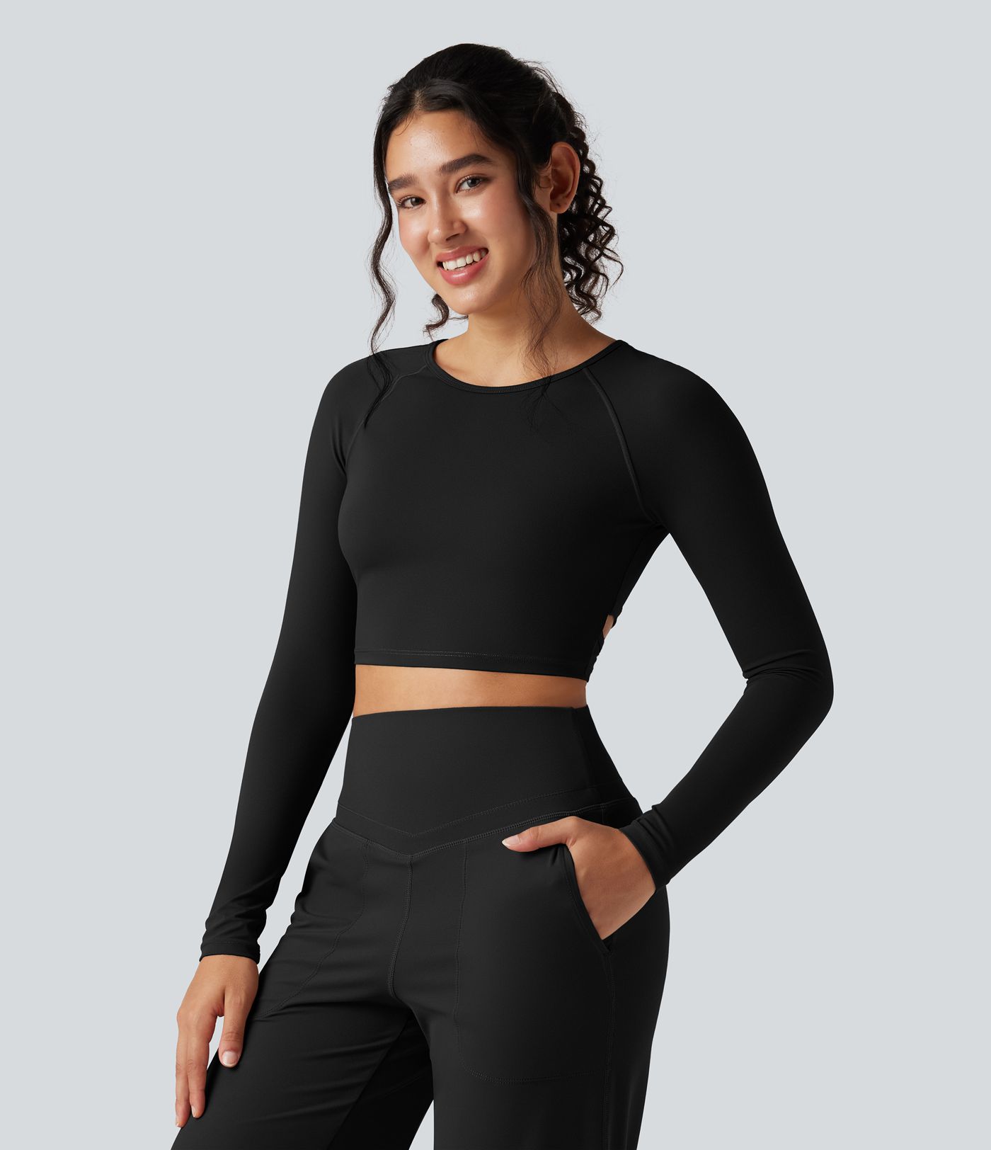 Halara UltraSculpt™ Round Neck Long Sleeve Cut Out Cropped Yoga Sports Top