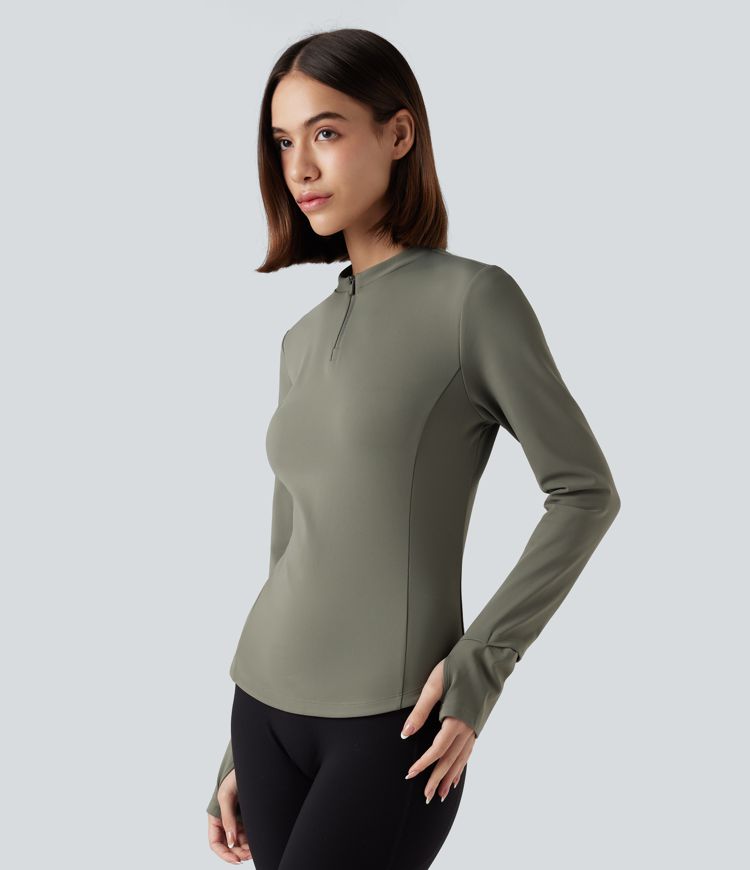 Fleece-yoga- og treningstopp med stående krage, halv glidelås, lange ermer og tommelhull