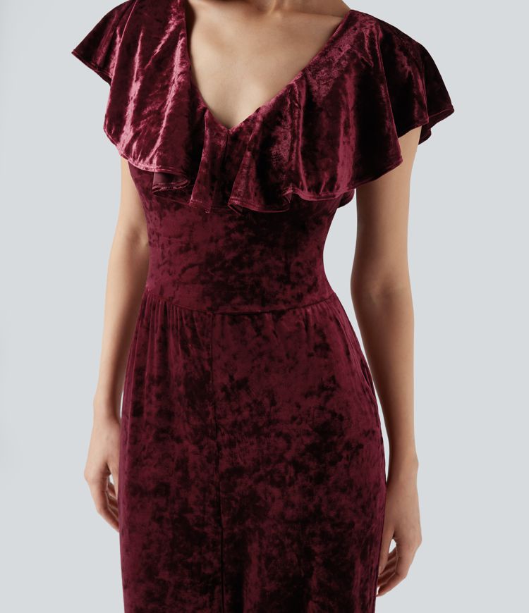 Combinaison pantalon de soirée en velours sans manches à décolleté en V avec volants et poches - Easy Peasy