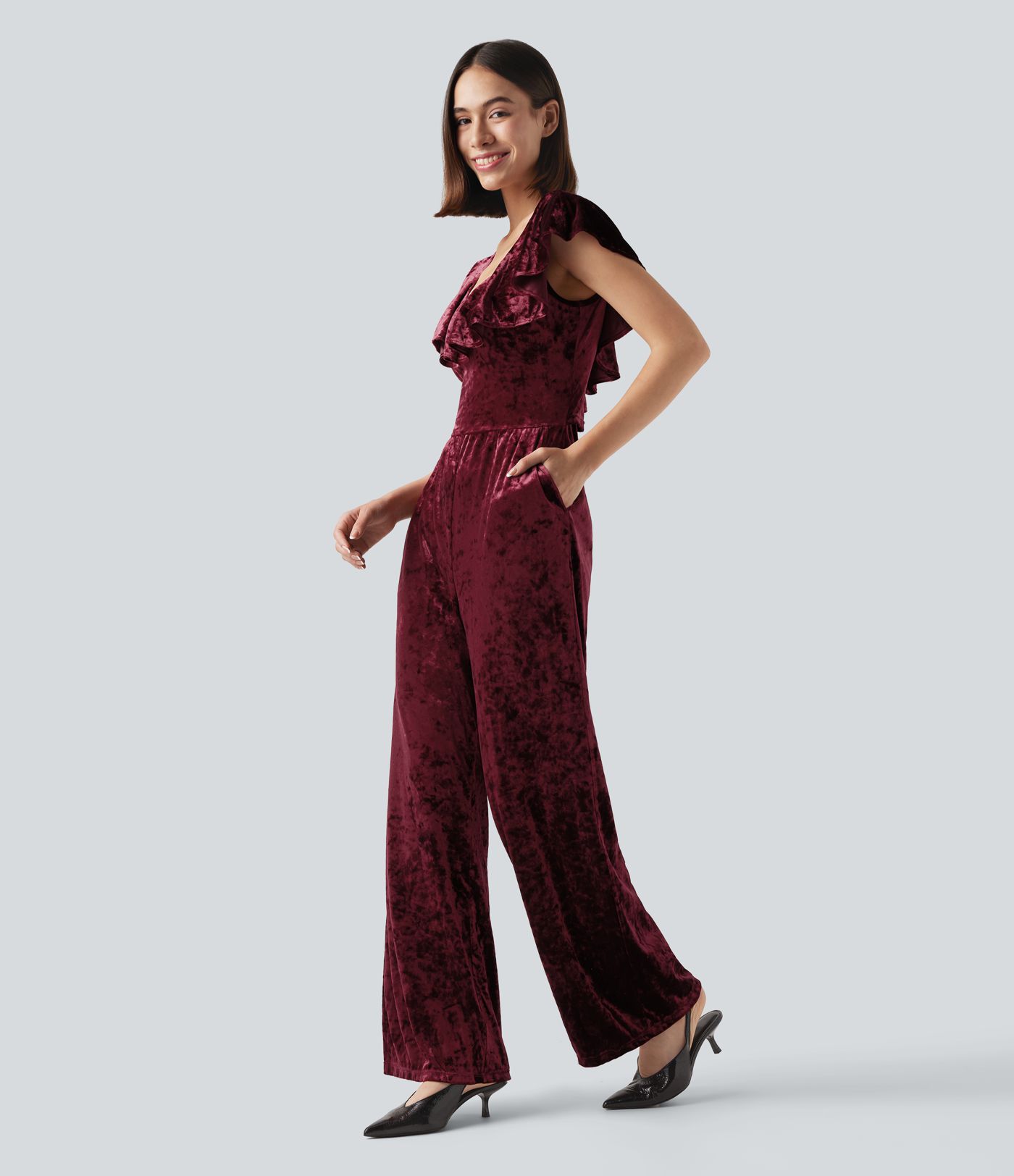 Combinaison pantalon de soirée en velours sans manches à décolleté en V avec volants et poches - Easy Peasy