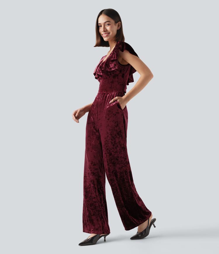 Combinaison pantalon de soirée en velours sans manches à décolleté en V avec volants et poches - Easy Peasy