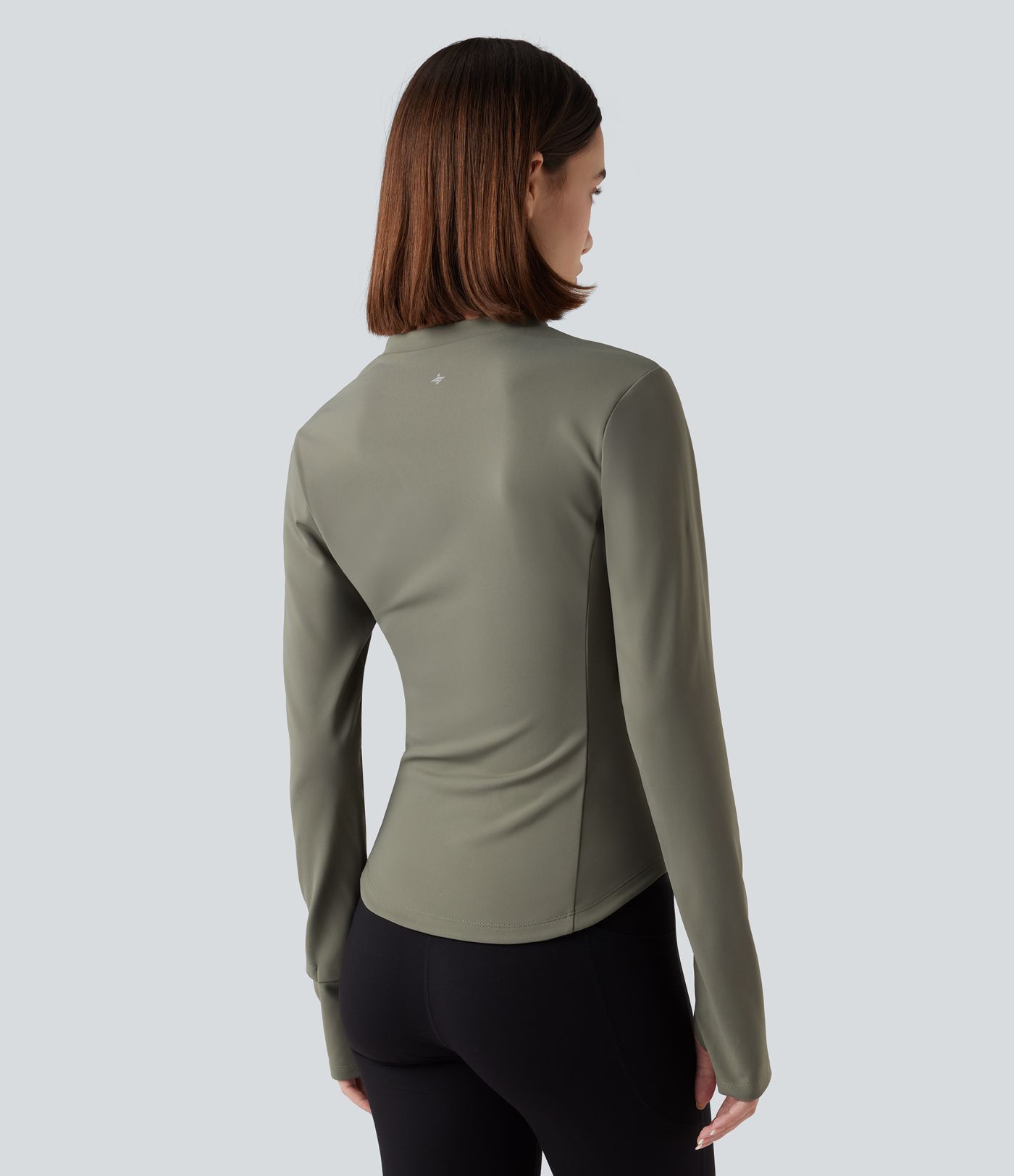 Fleece-yoga- og treningstopp med stående krage, halv glidelås, lange ermer og tommelhull