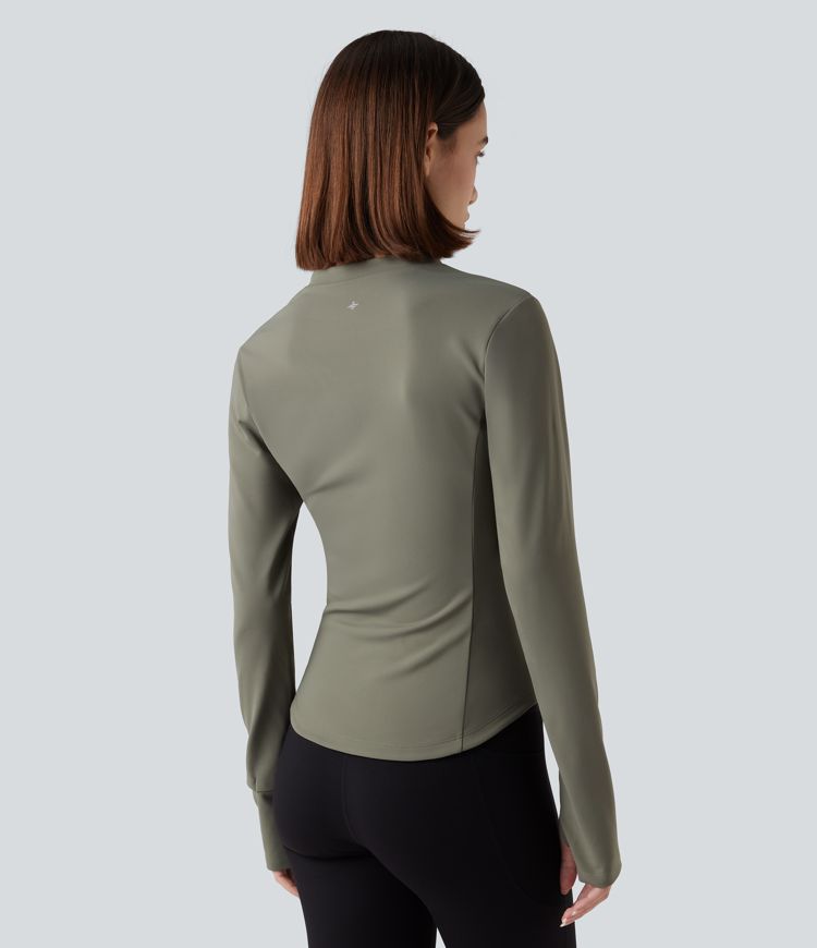 Fleece-yoga- og treningstopp med stående krage, halv glidelås, lange ermer og tommelhull