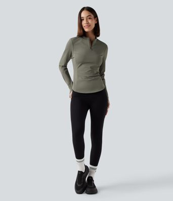 Fleece-yoga- og treningstopp med stående krage, halv glidelås, lange ermer og tommelhull