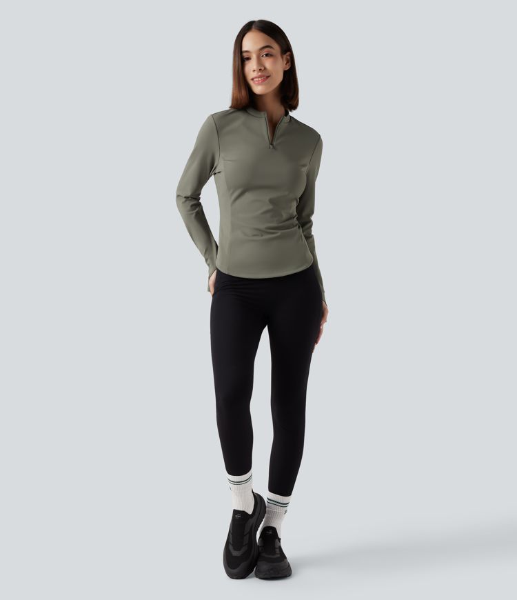 Fleece-yoga- og treningstopp med stående krage, halv glidelås, lange ermer og tommelhull