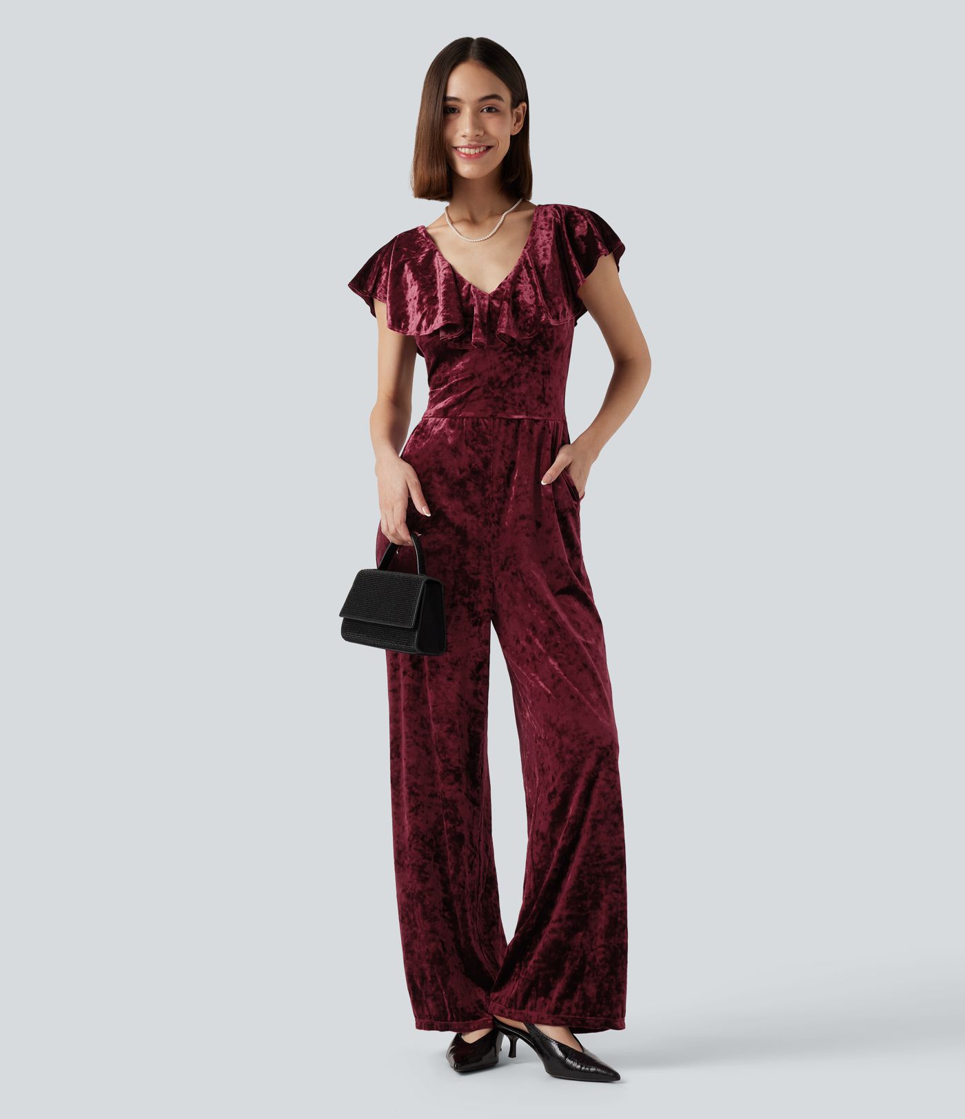 Combinaison pantalon de soirée en velours sans manches à décolleté en V avec volants et poches - Easy Peasy