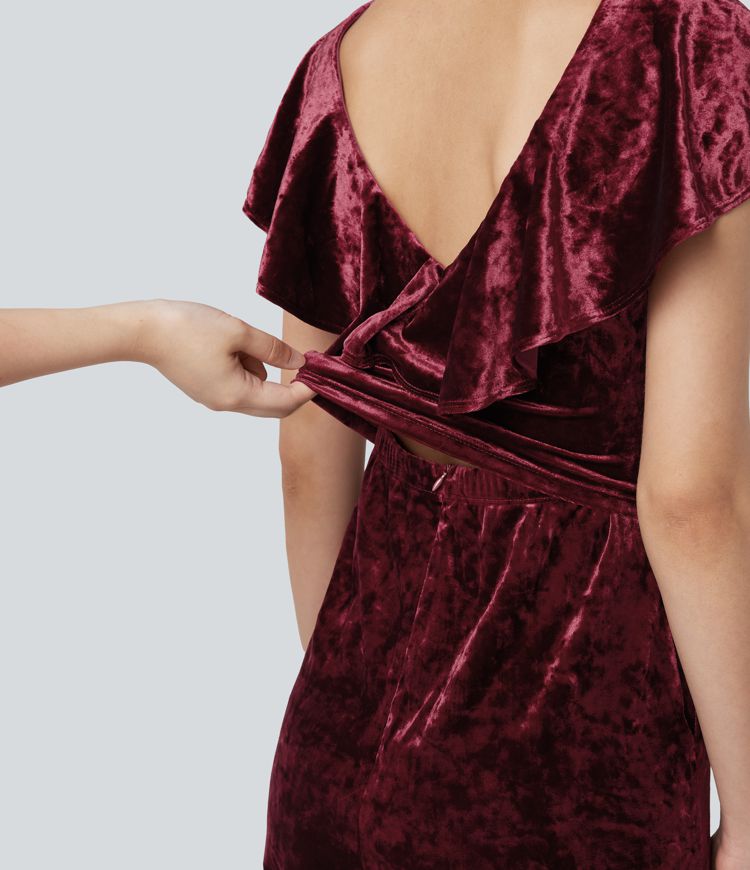 Combinaison pantalon de soirée en velours sans manches à décolleté en V avec volants et poches - Easy Peasy