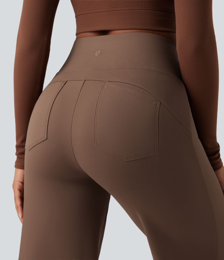 High Waisted Tummy Control Wide Leg Yoga Trousers with Pockets