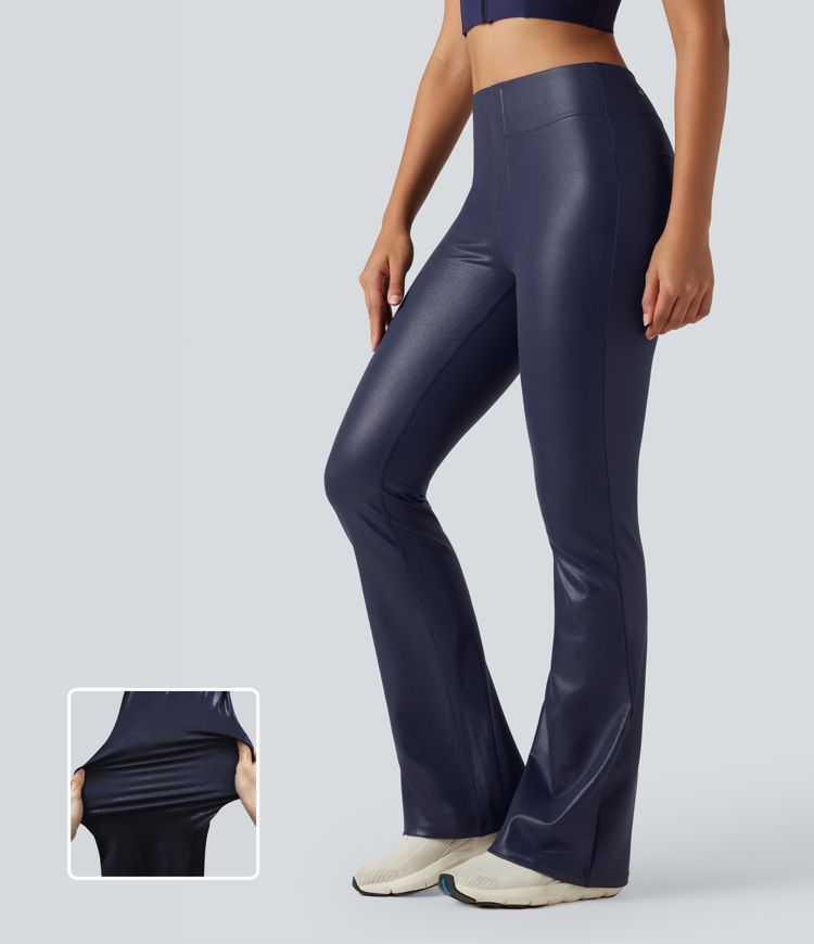 Faux Leather Shine High Waisted Bootcut Yoga Trousers with Pockets