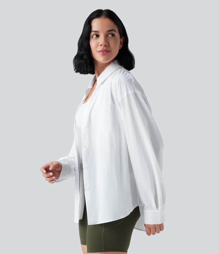 Collar Long Sleeve Curved Hem Hiking Shirt with Pocket-UPF40+