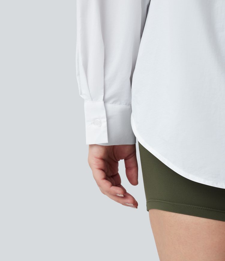 Collar Long Sleeve Curved Hem Hiking Shirt with Pocket-UPF40+