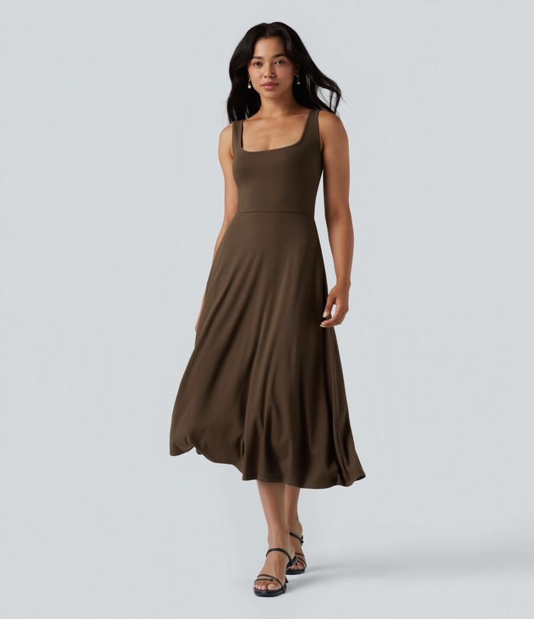 U-Neck Sleeveless Midi Flowy Party Dress with Pockets