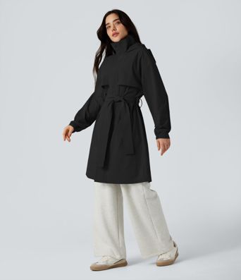 Water Repellent Hooded Belted Casual Trench Jacket with Pockets