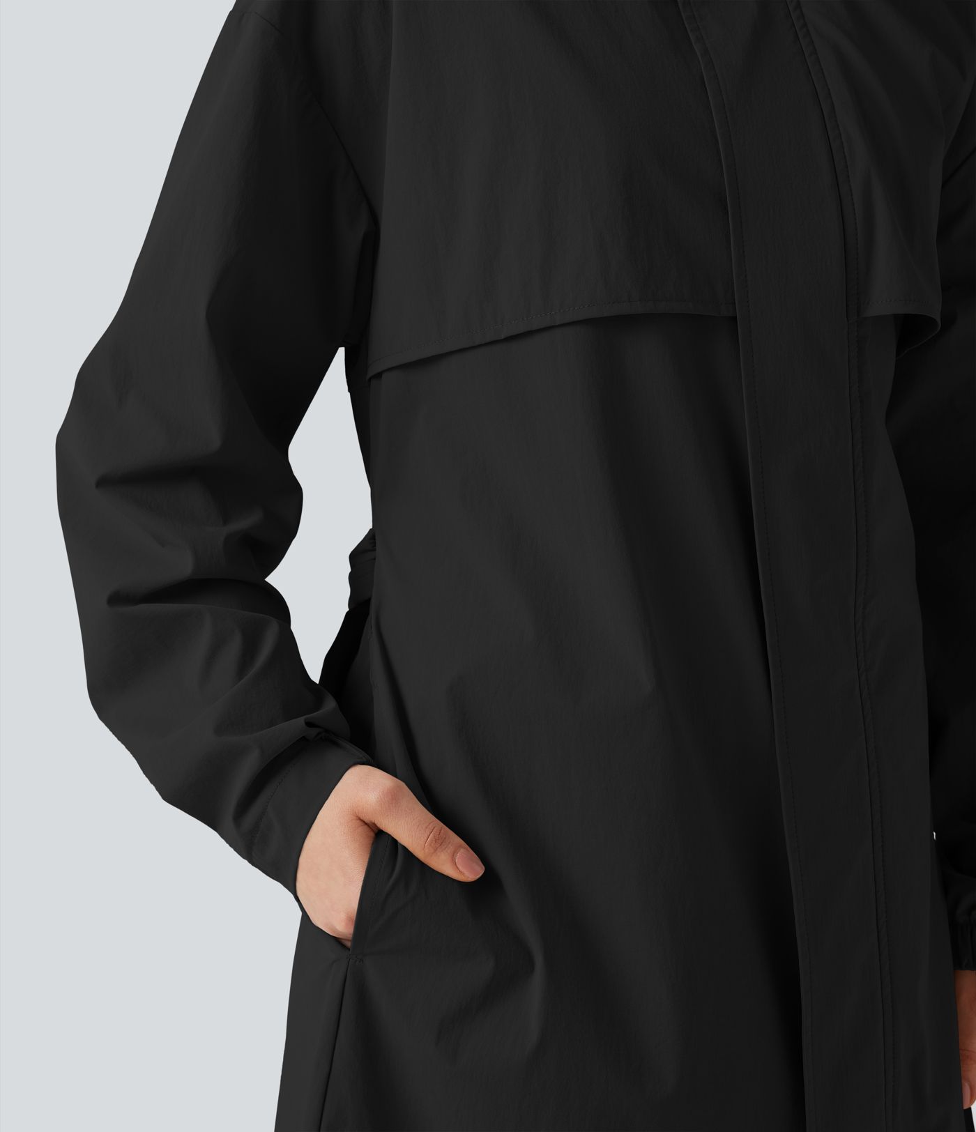 Water Repellent Hooded Belted Casual Trench Jacket with Pockets