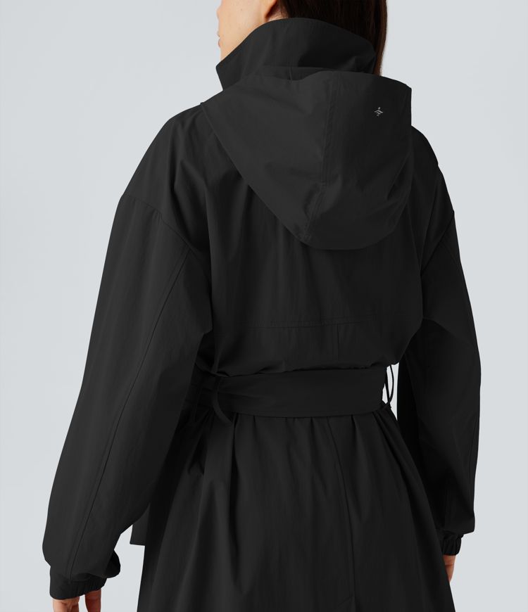 Water Repellent Hooded Belted Casual Trench Jacket with Pockets