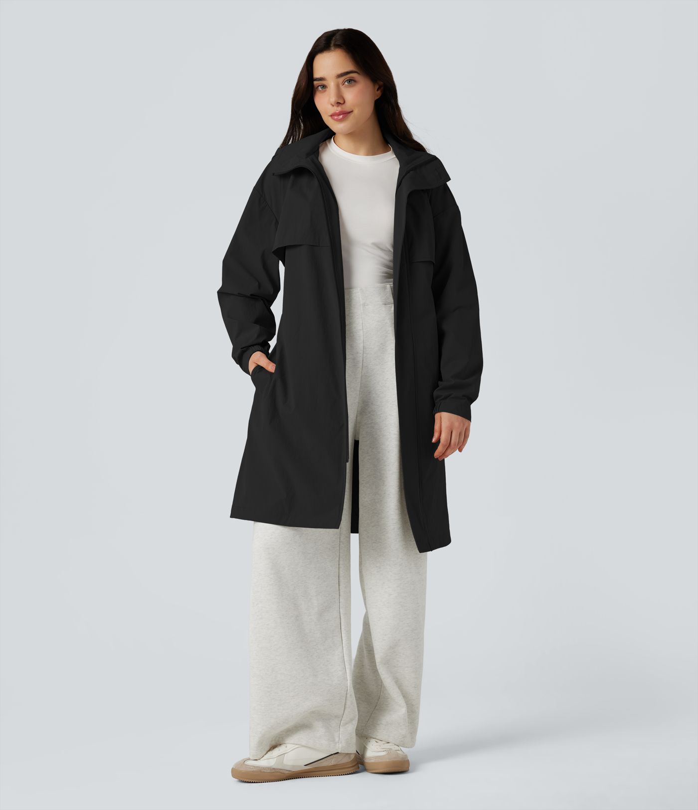 Water Repellent Hooded Belted Casual Trench Jacket with Pockets
