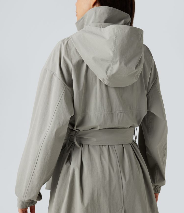 Water Repellent Hooded Belted Casual Trench Jacket with Pockets