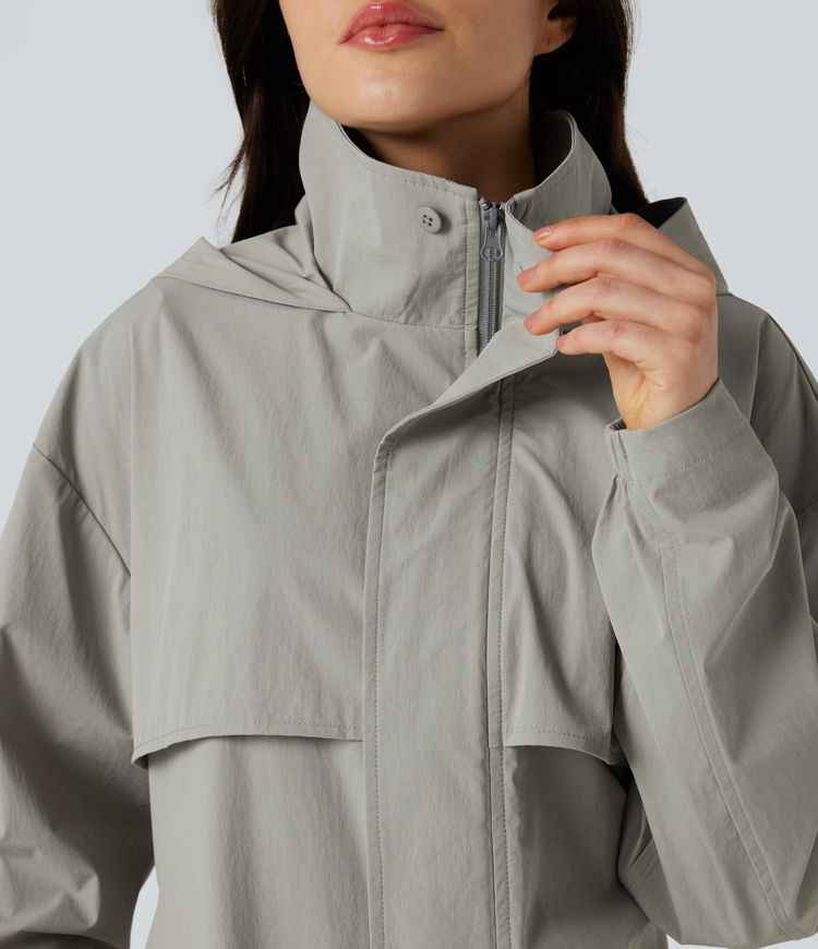 Water Repellent Hooded Belted Casual Trench Jacket with Pockets