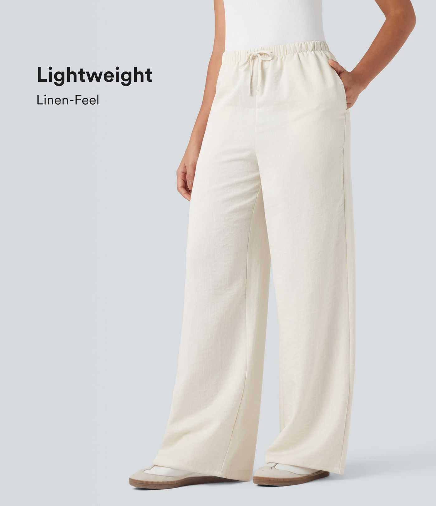 Wrinkle-Resistant High Waisted Drawstring Wide Leg Casual Linen-Feel Pants with Pockets