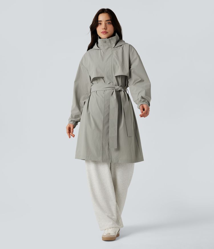 Water Repellent Hooded Belted Casual Trench Jacket with Pockets