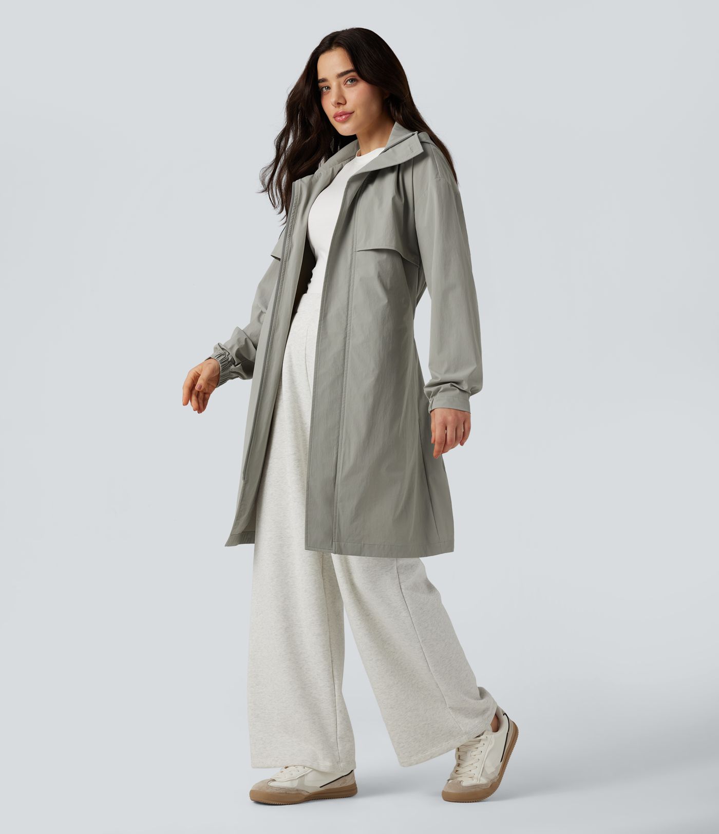 Water Repellent Hooded Belted Casual Trench Jacket with Pockets